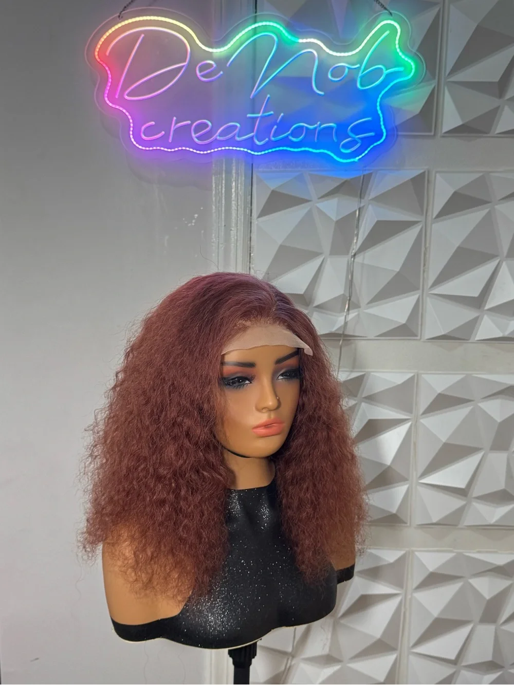 Curly Copper Wig 5x5 Lace Closure Glueless Wavy Hair Blend 14 Inches